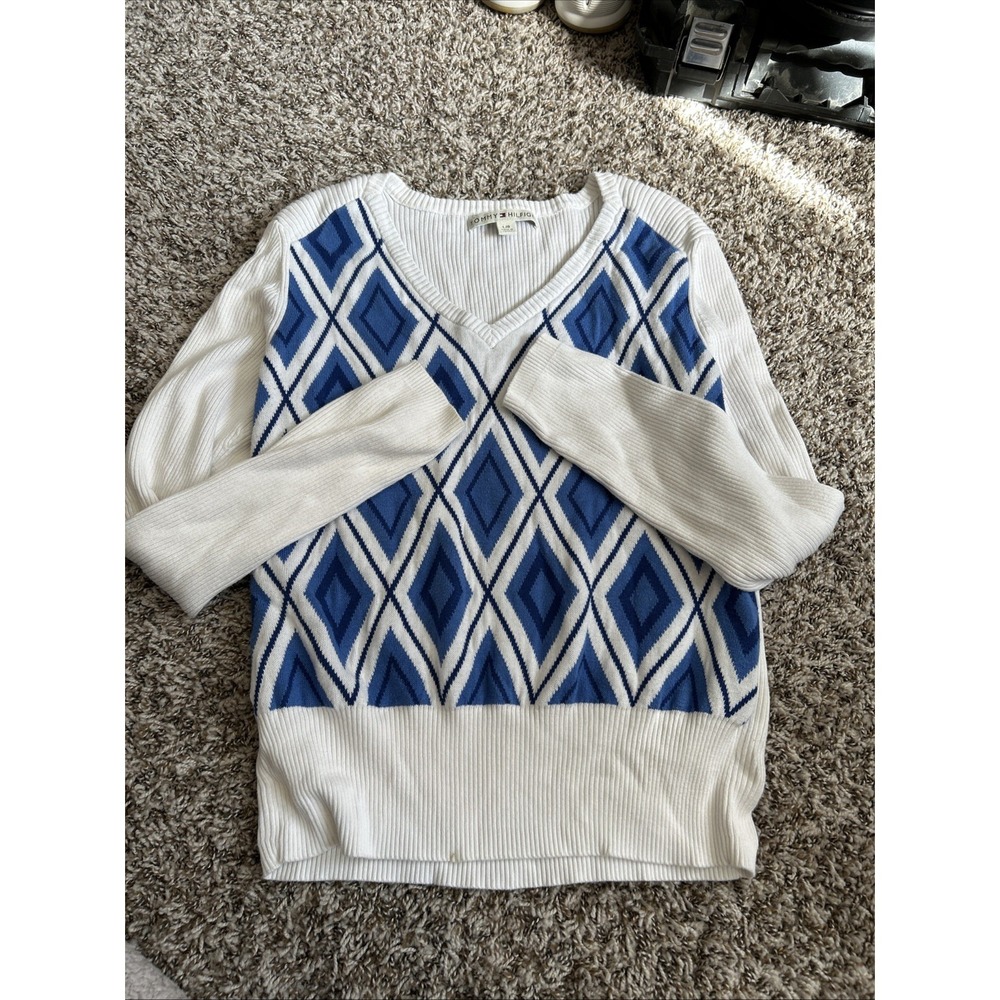 Tommy Hilfiger Women's L Sweater Academia Blue White Argyle V-Neck Preppy Ivy